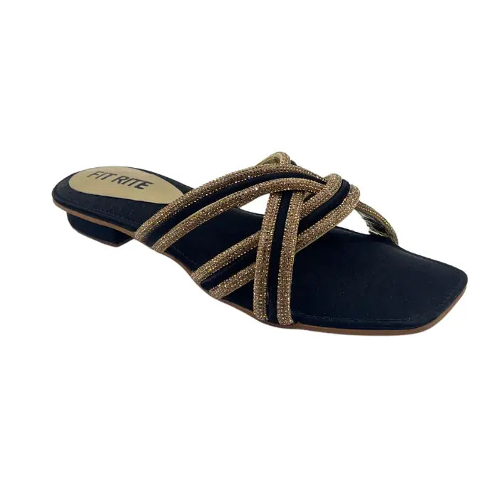 Fancy stones flat slipper FT- 1111 - Black / 36 - Flat Chappal