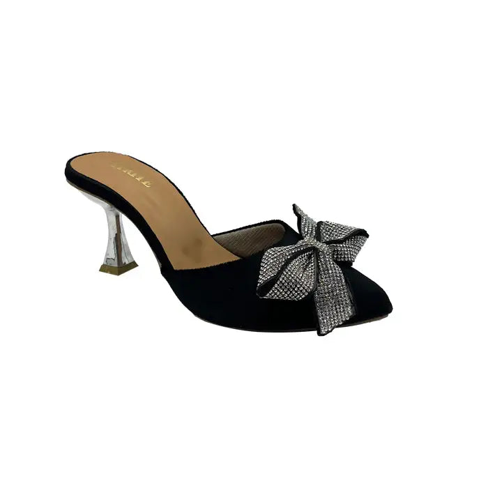 Velvet Mules with Sparkling Rhinestone Glitter Bow - Black / 36 - Heel