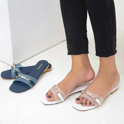 Buckle Flat Slippers FT-12 - White / 36 - Flat Chappal