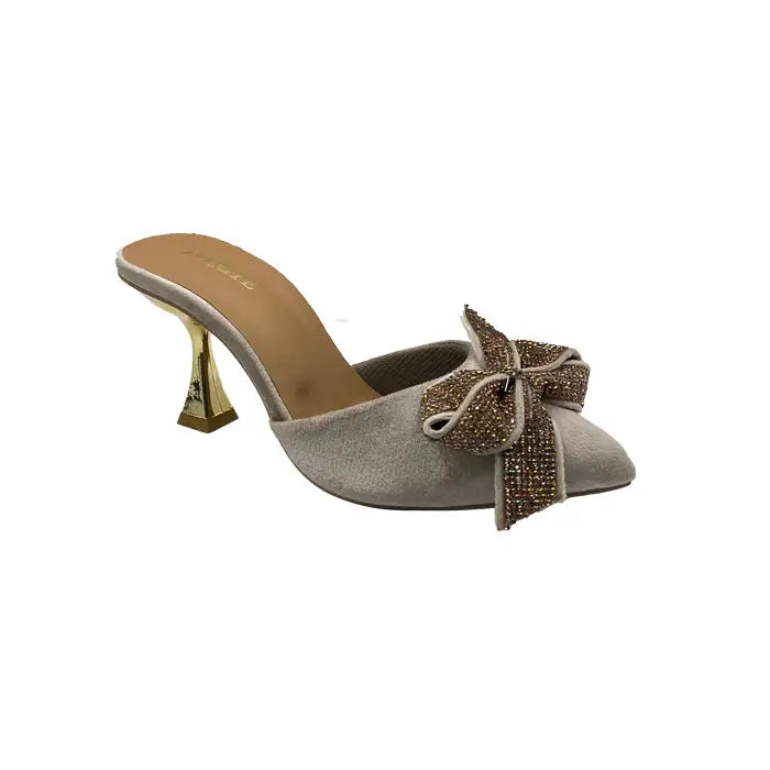 Velvet Mules with Sparkling Rhinestone Glitter Bow - Fawn / 36 - Heel