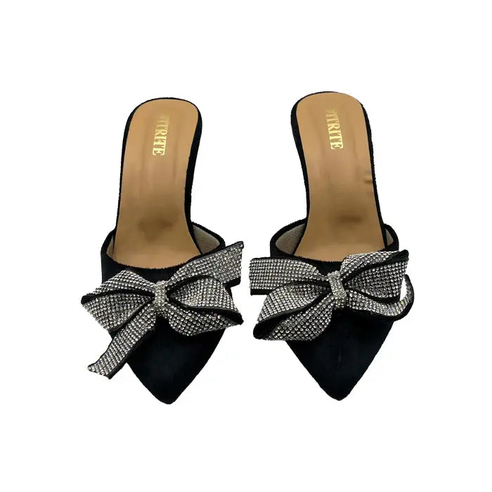 Velvet Mules with Sparkling Rhinestone Glitter Bow - Heel