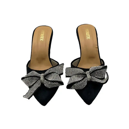 Velvet Mules with Sparkling Rhinestone Glitter Bow - Heel