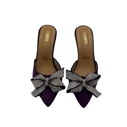 Velvet Mules with Sparkling Rhinestone Glitter Bow - Heel