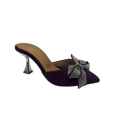 Velvet Mules with Sparkling Rhinestone Glitter Bow - Heel