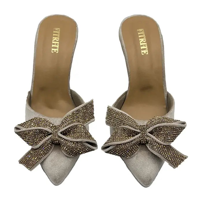 Velvet Mules with Sparkling Rhinestone Glitter Bow - Heel
