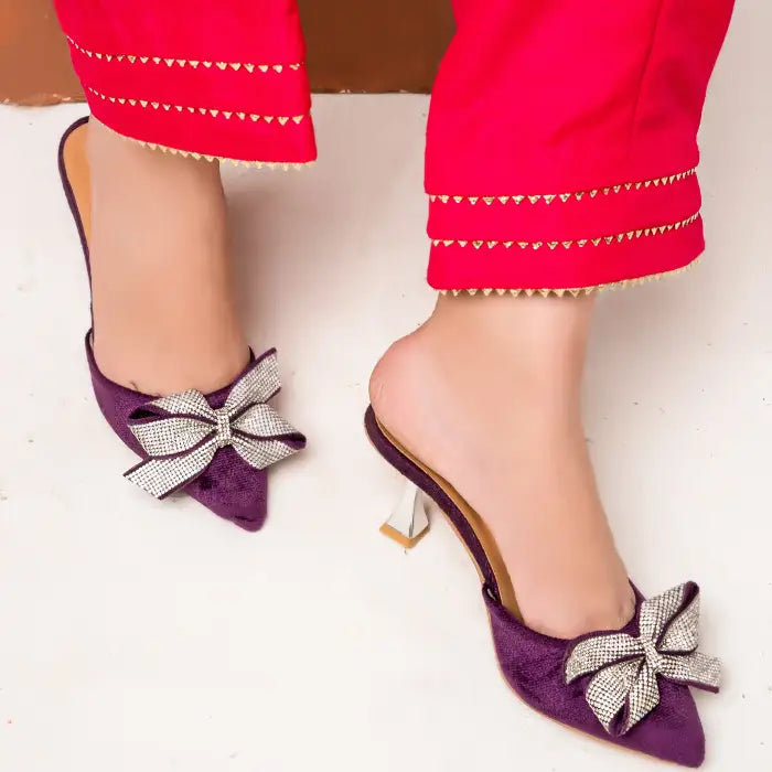 Velvet Mules with Sparkling Rhinestone Glitter Bow - Heel