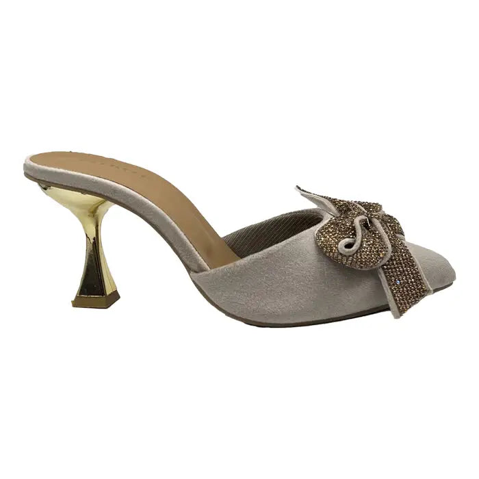 Velvet Mules with Sparkling Rhinestone Glitter Bow - Heel